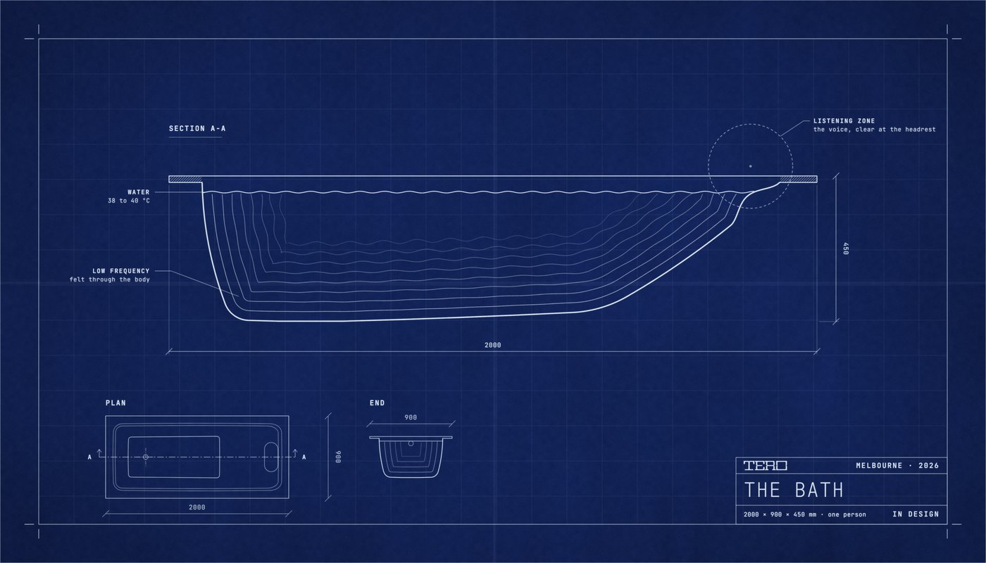 A cyanotype technical drawing of the Tero bath, with the sound drawn into the water